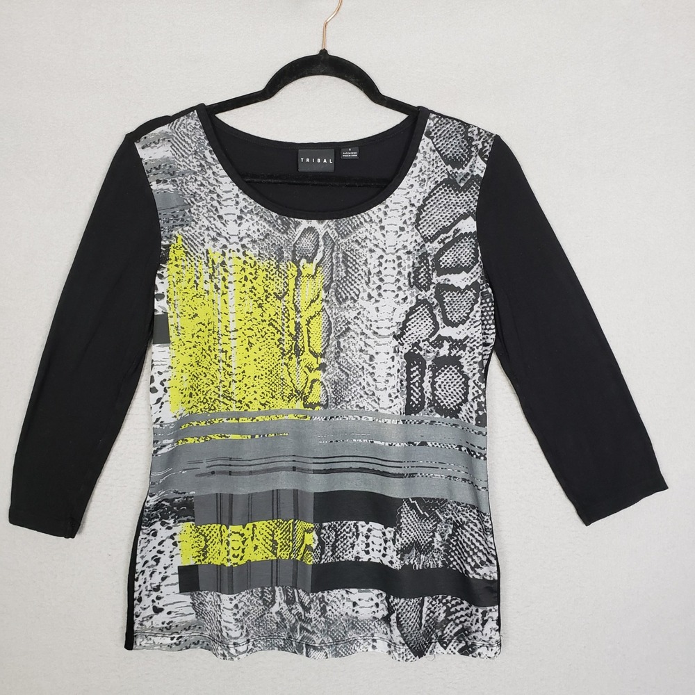 Tribal Size S Half Sleeve Top Black Yellow Snake Patchwork Animal Print Funky S